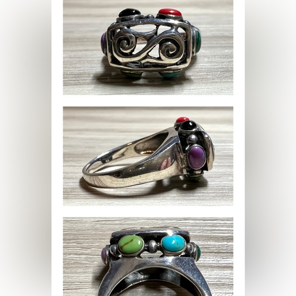 Designer (SE) Sterling Silver Turquoise, Coral, & Onyx Filigree Ring, Size 8, 5g - Picture 1 of 12